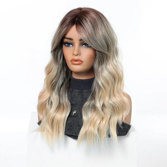 Peruca Blond cu Gri, par lung ondulat, cu breton, 50 cm