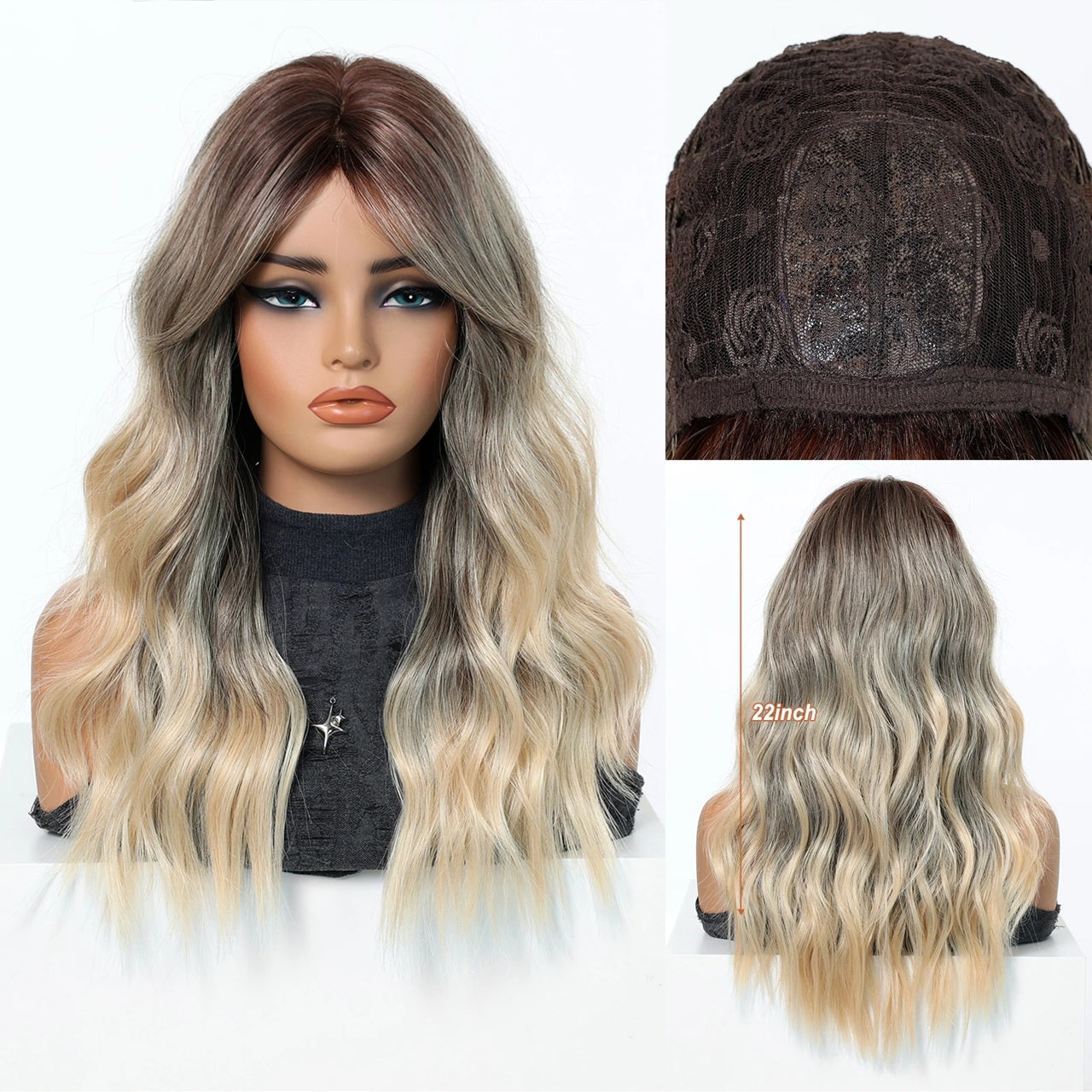 Peruca Blond cu Gri, par lung ondulat, cu breton, 50 cm