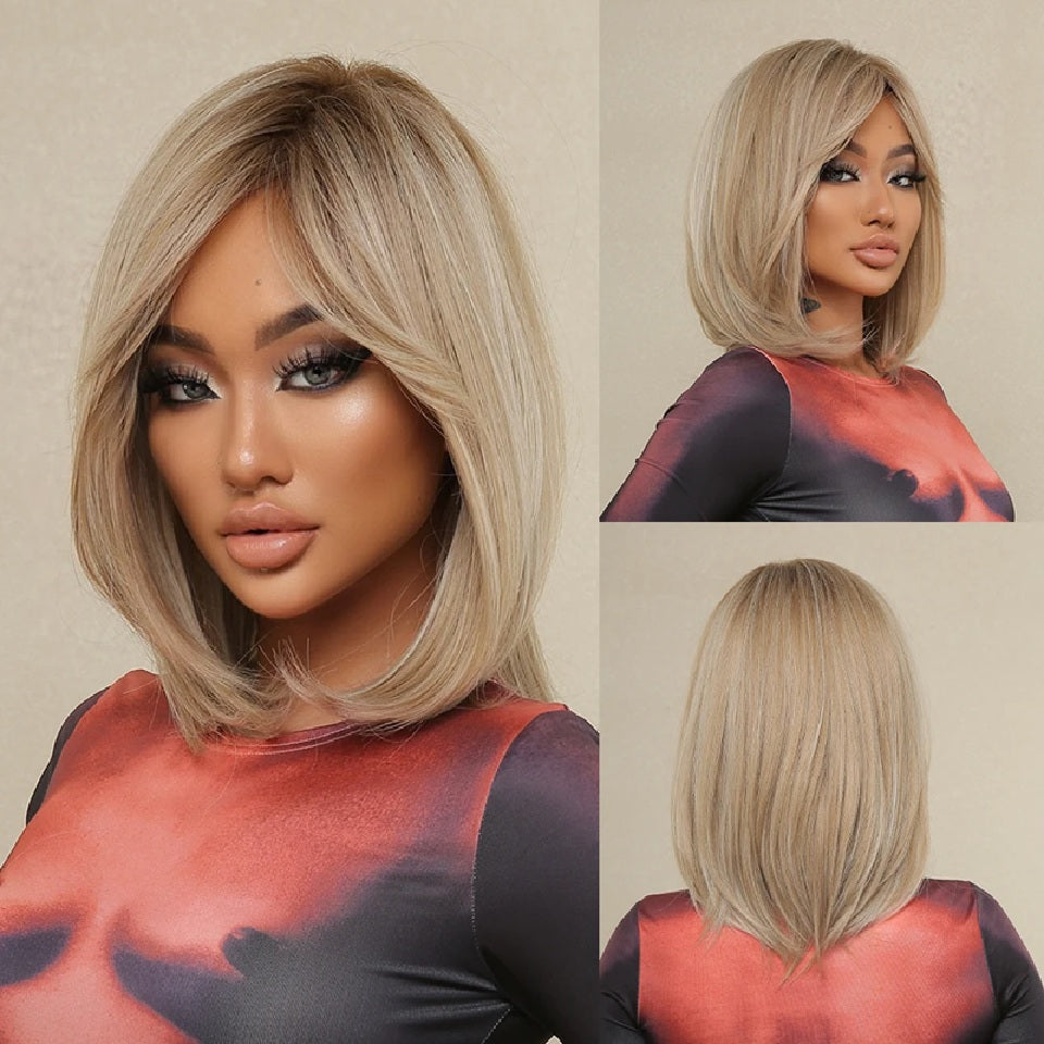 Peruca Blond Cenusiu, par mediu drept, cu semi breton, 45 cm