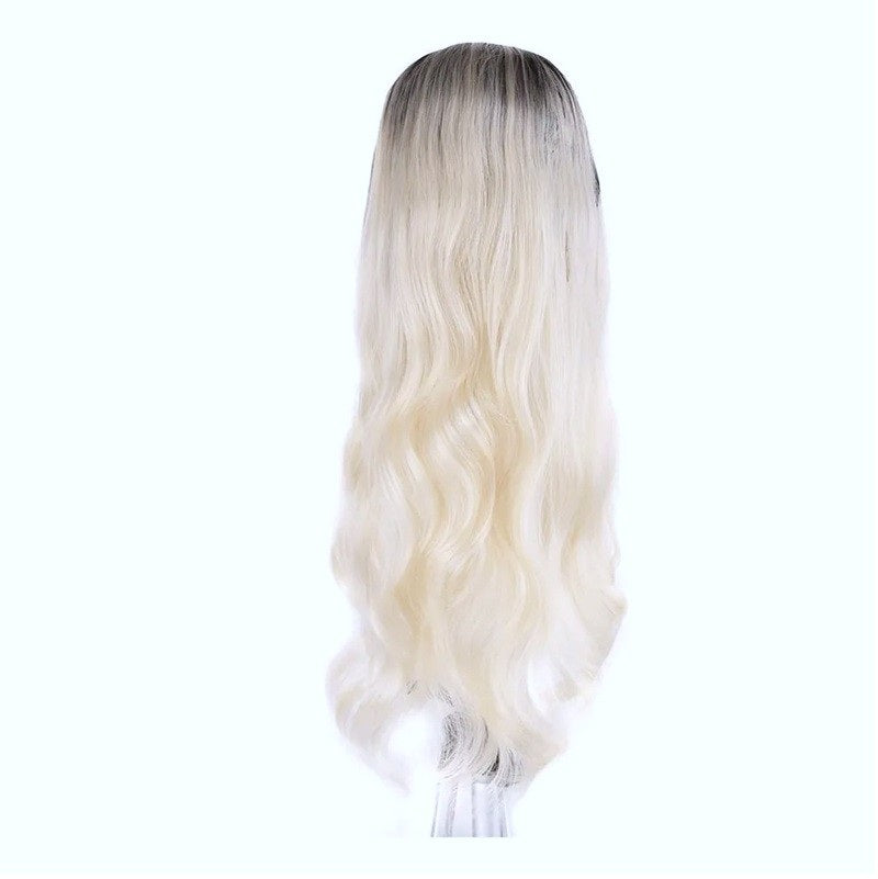 Peruca Blond Alb pentru Cosplay Halloween, par lung ondulat, fara breton, 70 cm