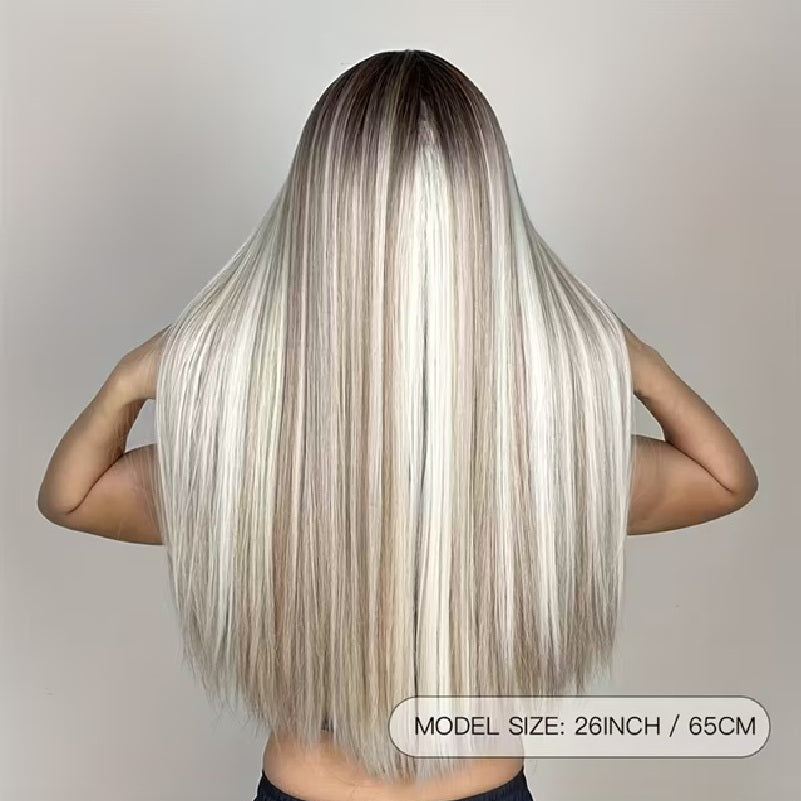 Peruca Blond Deschis suvitat Ombre, par lung drept, cu breton, 66 cm
