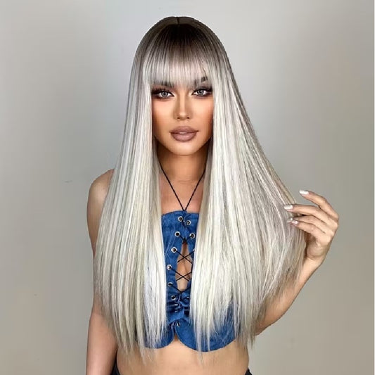 Peruca Blond Deschis suvitat Ombre, par lung drept, cu breton, 66 cm