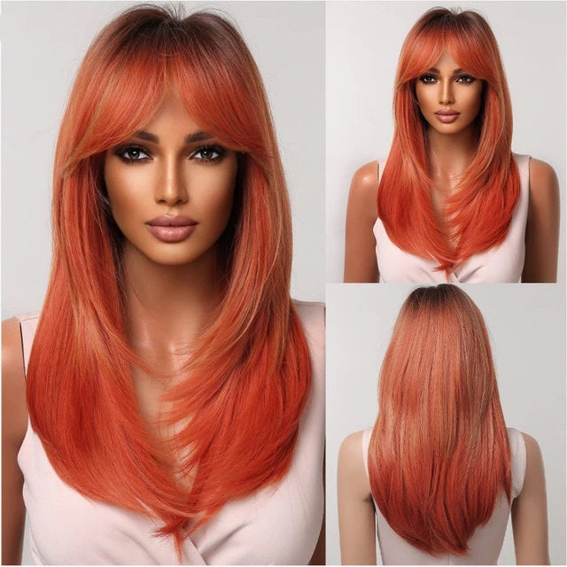 Peruca Blond ORANGE, par lung drept, cu semi breton, 60 cm