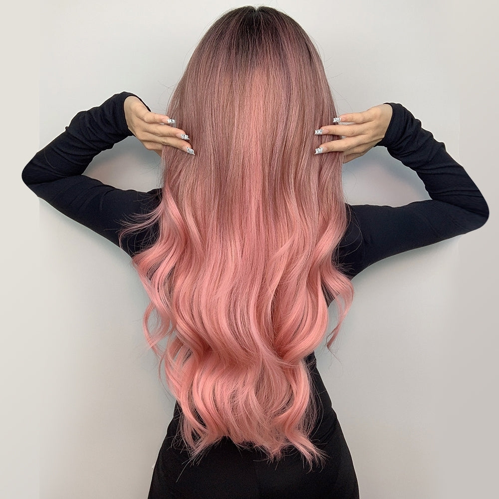 Peruca Roz Ombre, par lung ondulat, fara breton, 76 cm