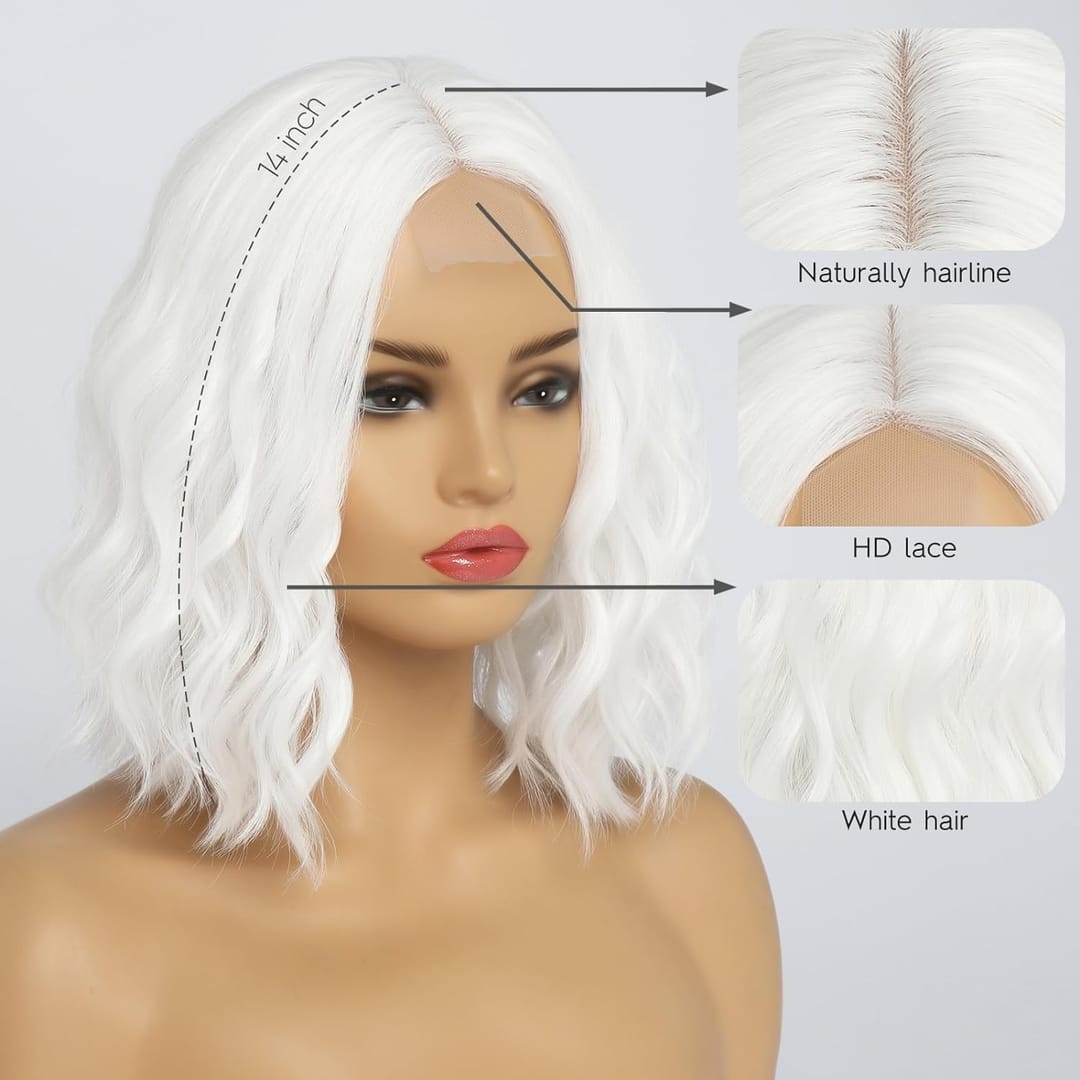 Peruca Alba model bob, par ondulat, fara breton, 36 cm, cu dantela frontala