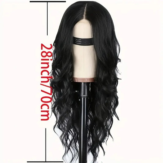 Peruca Neagra lunga ondulata, fara breton, cu dantela frontala, 70 cm