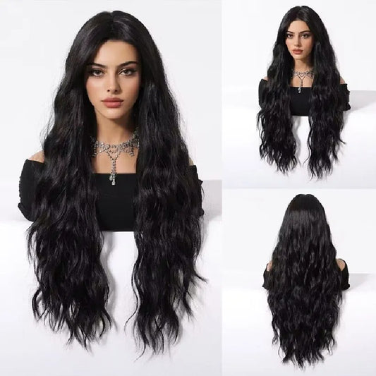 Peruca NEAGRA ondulata, par lung cu semi breton, 80 cm