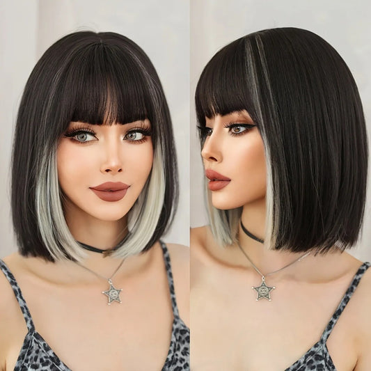 Peruca Neagra cu suvite Gri, par bob drept, cu breton, 30 cm