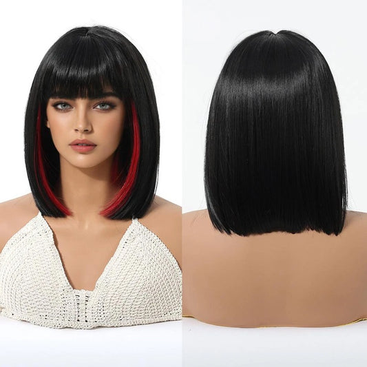 Peruca Neagra cu suvite Rosii, par bob drept, cu breton, 30 cm