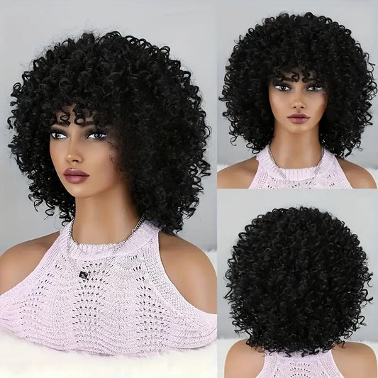 Peruca Neagra scurta, afro, creata, fara breton, bufanta