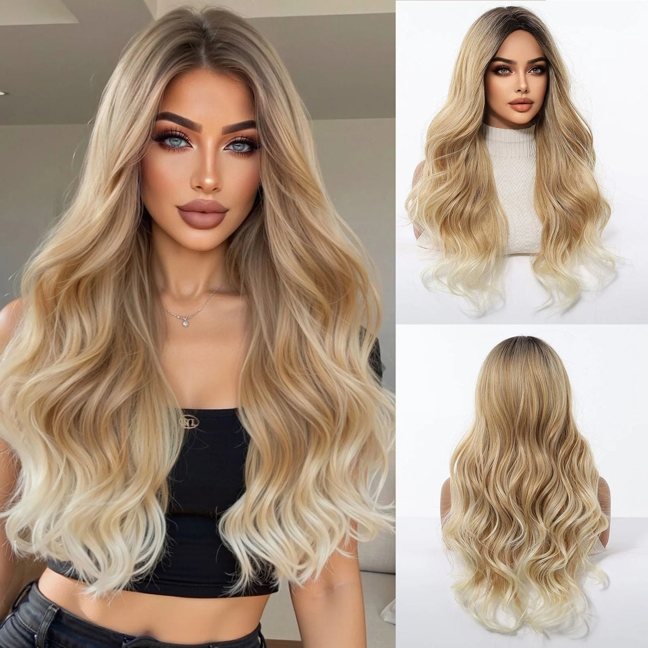 Peruca Ombre Blond Miere, par lung ondulat, fara breton, 65 cm
