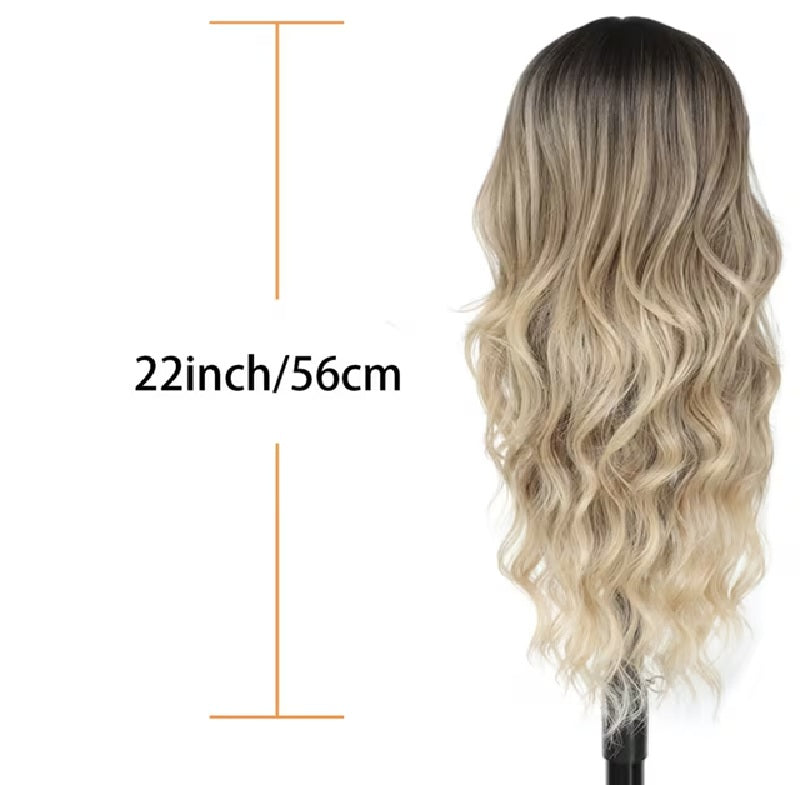 Peruca Blond cenusiu, par lung ondulat, fara breton, 55 cm, cu dantela frontala