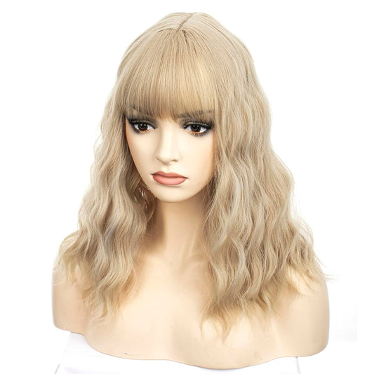 Peruca Blond Cenusiu, par bob ondulat, cu breton, 36 cm