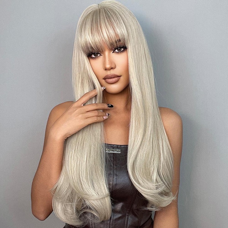 Peruca Blond cenusiu suvitat, par lung drept, cu breton, 65 cm
