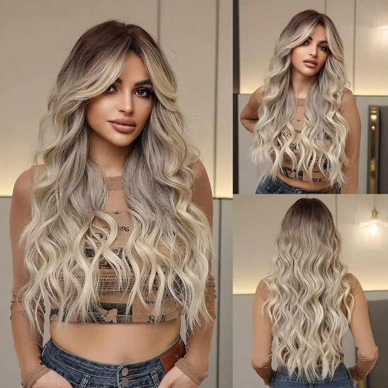 Peruca Blond Cenusiu suvitat, par lung ondulat, cu breton, 65 cm