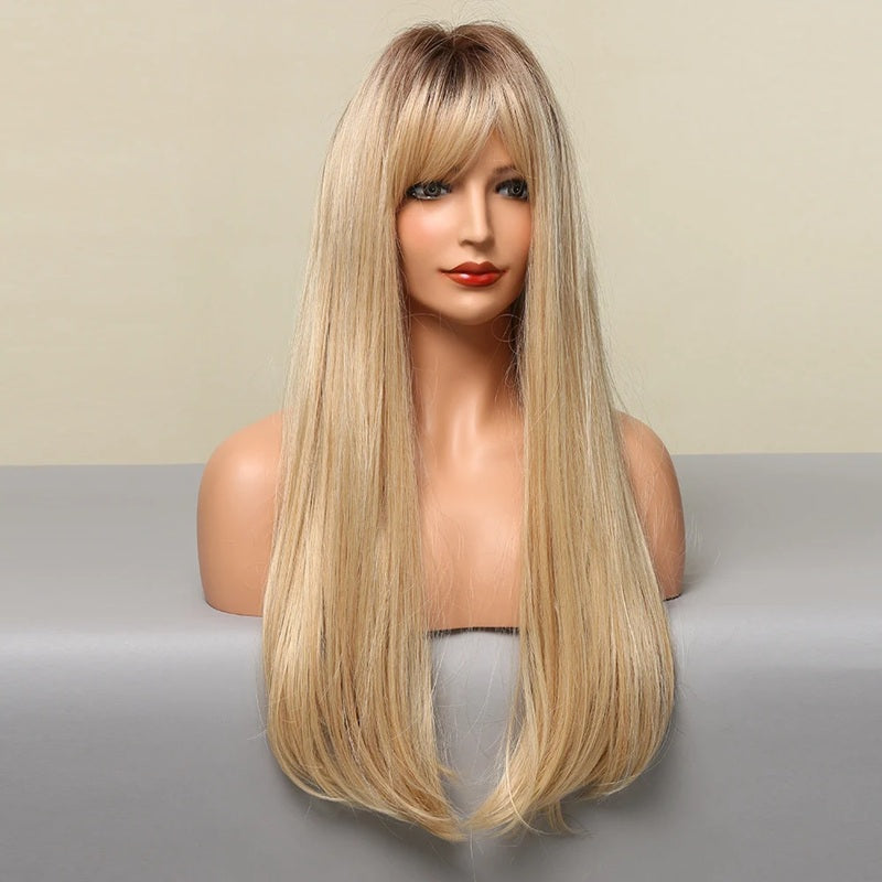 Peruca Blonda, par lung drept, cu breton, 66 cm