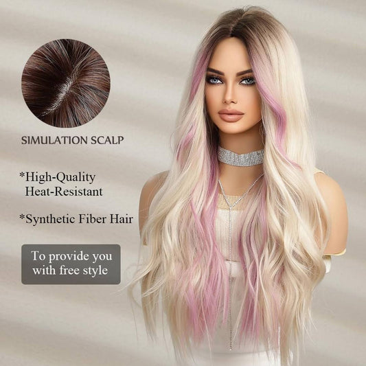 Peruca Blonda cu suvite Roz, par lung ondulat, fara breton, 65 cm