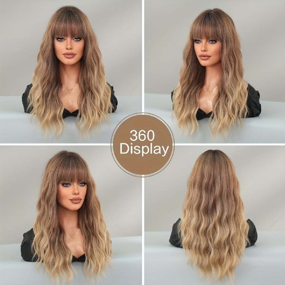 Peruca Blond Nisipiu Ombre, par mediu ondulat, cu breton, 57 cm