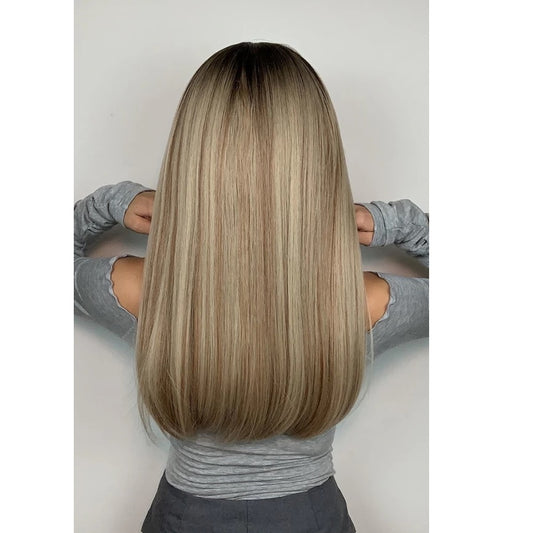 Peruca Blond Nisipiu, par lung drept, cu breton, 65 cm