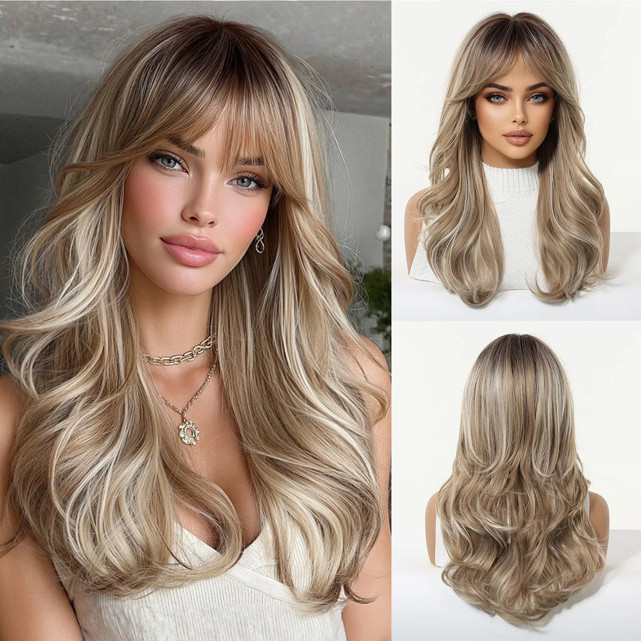Peruca Blond Nisipiu cu suvite, par lung, cu breton, 50 cm