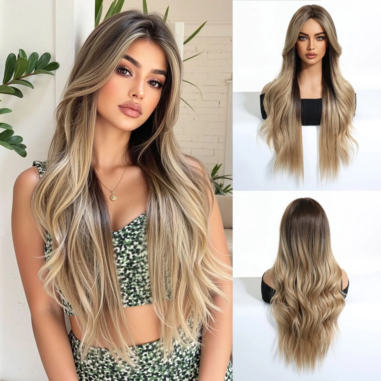 Peruca Blond Caramel suvitat, par lung ondulat, fara breton, 65 cm