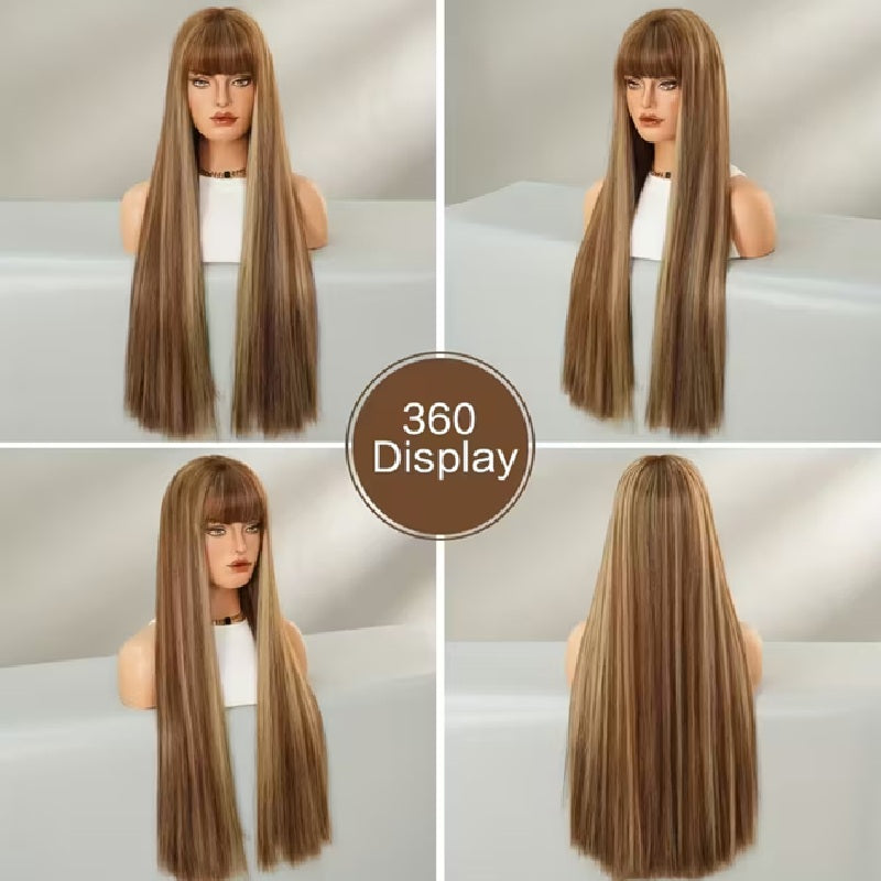 Peruca Maro Ciocolatiu Suvitat, par lung drept, cu breton, 72 cm