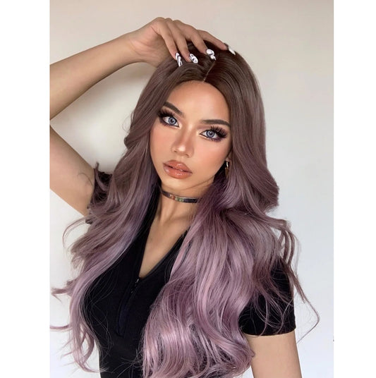 Peruca Lila Mov, par lung ondulat, fara breton, 65 cm