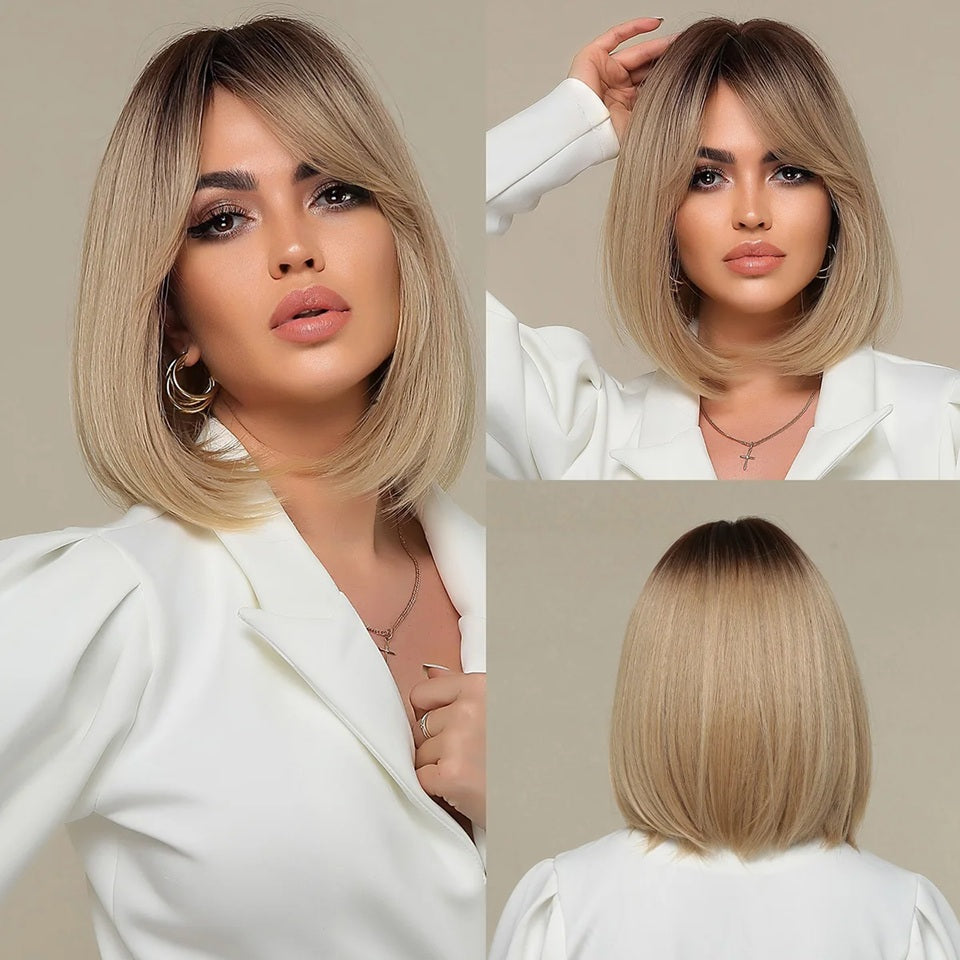 Peruca Ombre Blond, par bob drept, cu breton, 36 cm