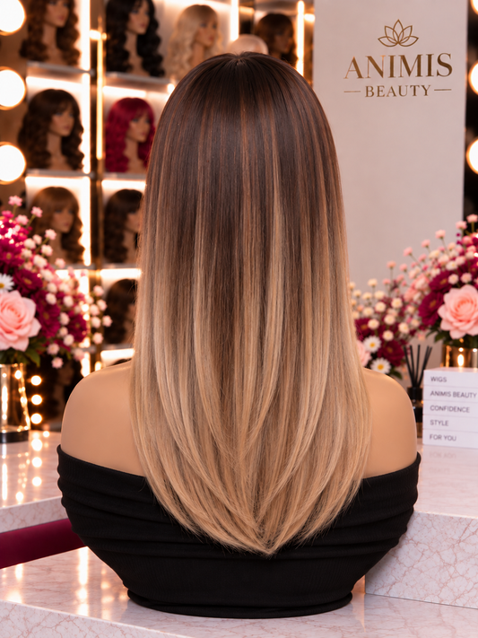 Peruca Ombre Blond Nisipiu, par mediu drept, cu breton, 50 cm