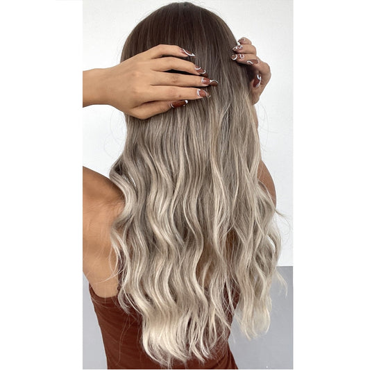 Peruca Ombre Blond, lunga ondulata, cu breton, 65 cm