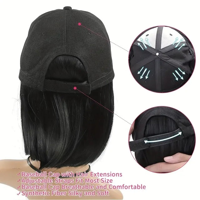 Peruca Neagra, model bob, cu sapca, par drept, fara breton, 36 cm