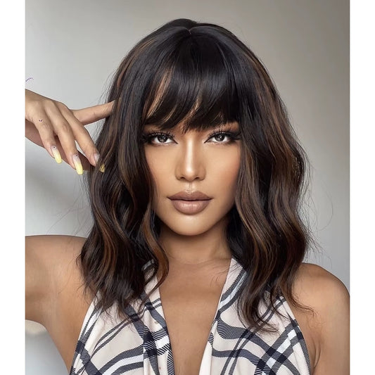 Peruca Saten suvitat, par bob ondulat, cu breton, 36 cm