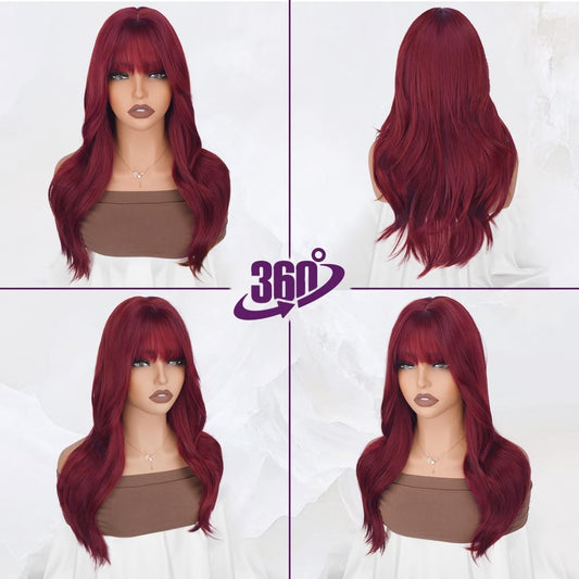 Peruca Visiniu Burgundy, par lung drept, cu breton, 50 cm