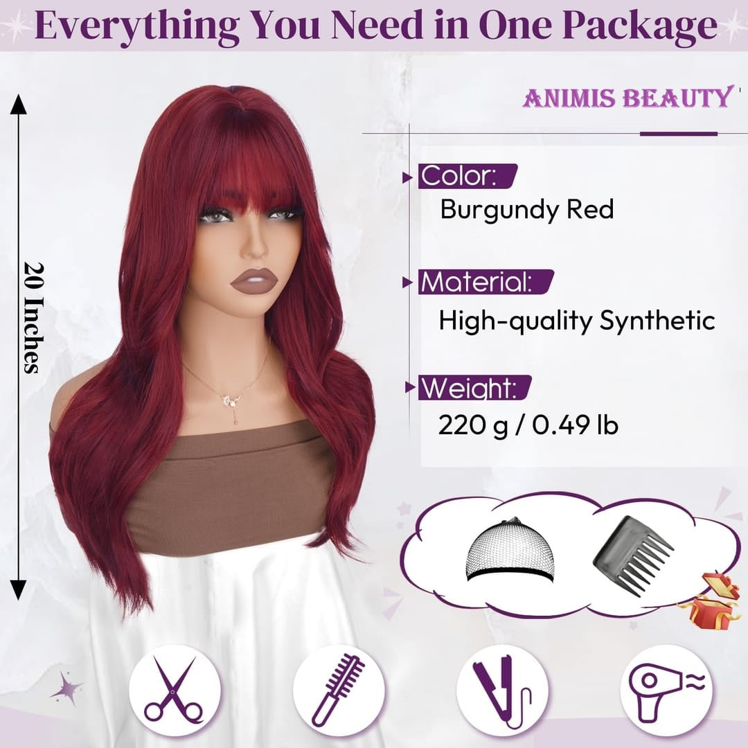 Peruca Visiniu Burgundy, par lung drept, cu breton, 50 cm