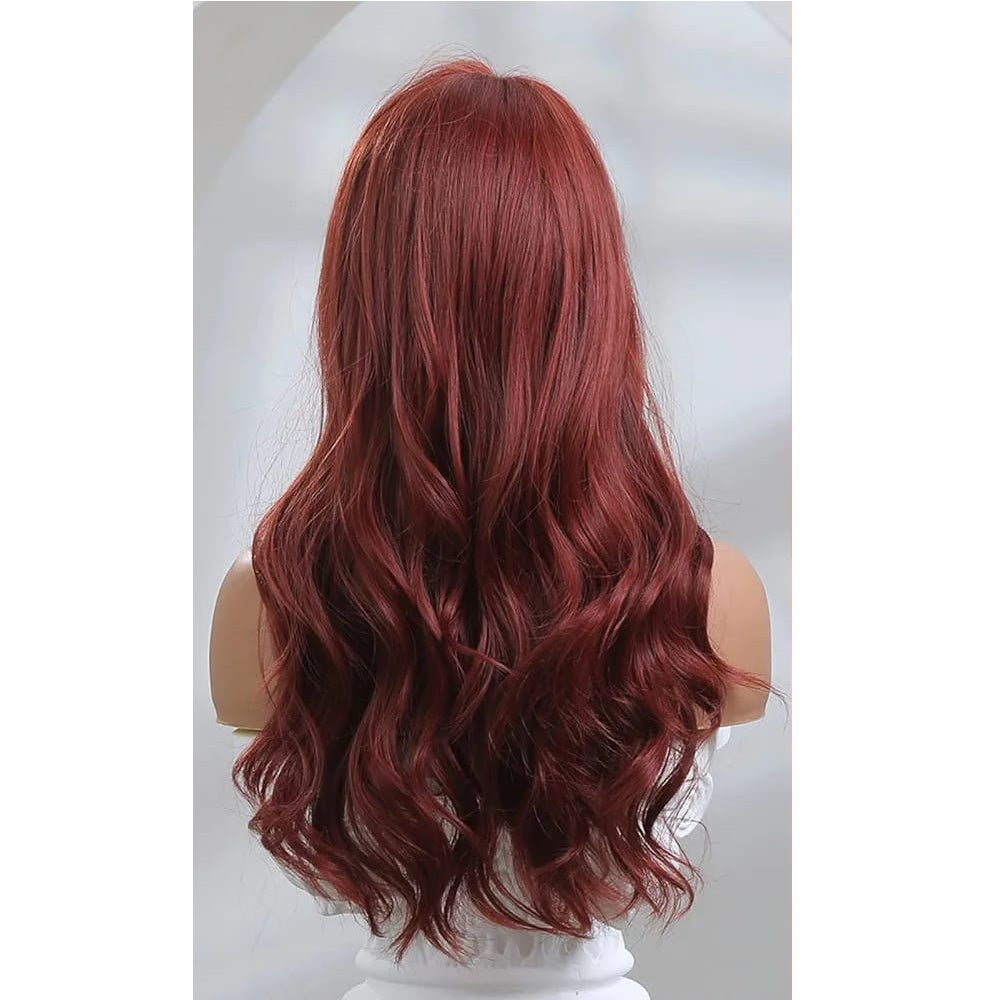 Peruca Visinie Burgundy, par lung ondulat, cu breton, 66 cm