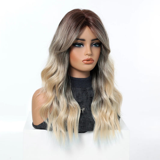 Peruca Blond cu Gri, par lung ondulat, cu breton, 50 cm