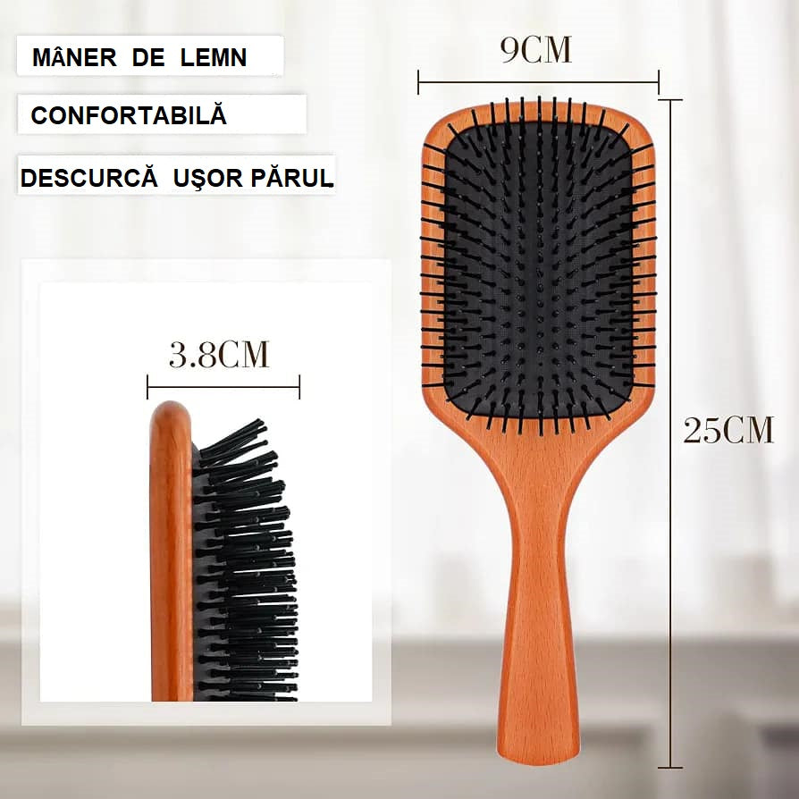Perie de par cu maner de lemn, pentru descurcarea parului, cu efect anti electrizare