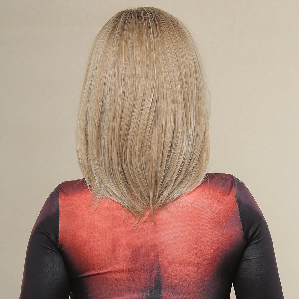 Peruca Blond Cenusiu, par mediu drept, cu semi breton, 45 cm