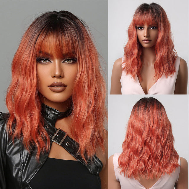 Peruca bob Ombre Orange, par ondulat, cu breton, 36 cm