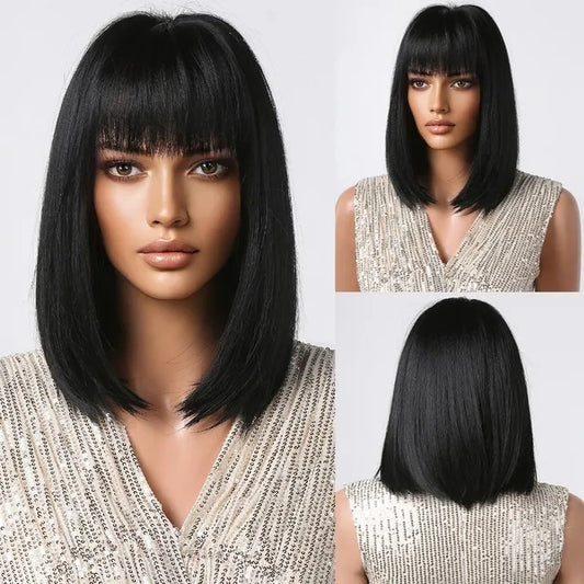 Peruca Neagra, par mediu drept, cu breton, 40 cm