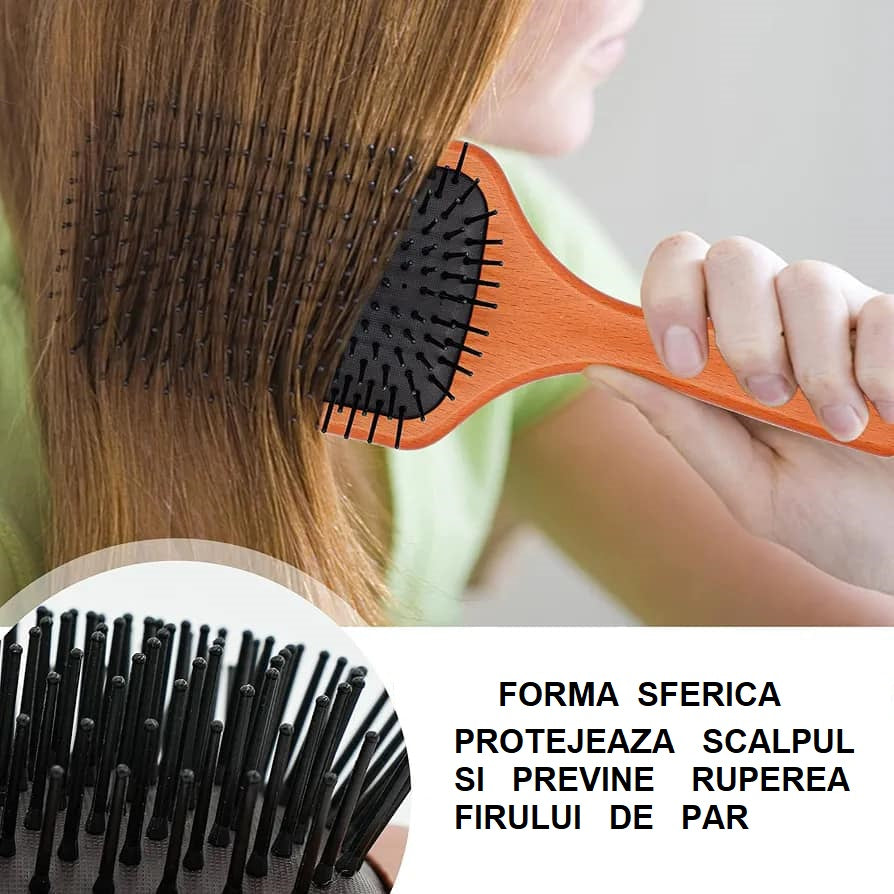 Perie de par cu maner de lemn, pentru descurcarea parului, cu efect anti electrizare