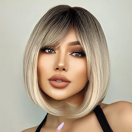 Peruca bob Ombre Blond Deschis cu suvite, par drept, cu breton, 30 cm