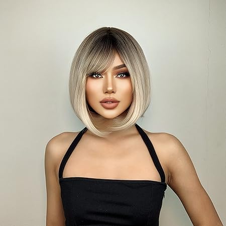 Peruca bob Ombre Blond Deschis cu suvite, par drept, cu breton, 30 cm