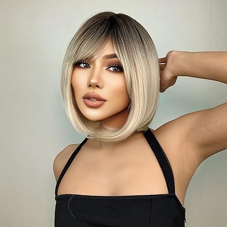 Peruca bob Ombre Blond Deschis cu suvite, par drept, cu breton, 30 cm