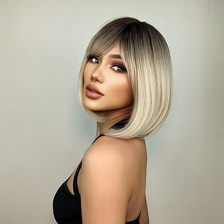 Peruca bob Ombre Blond Deschis cu suvite, par drept, cu breton, 30 cm