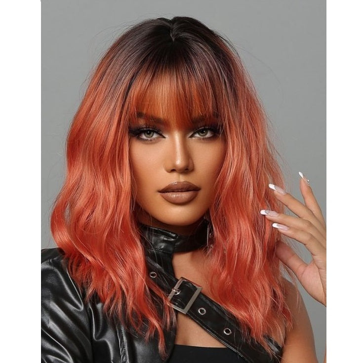 Peruca bob Ombre Orange, par ondulat, cu breton, 36 cm
