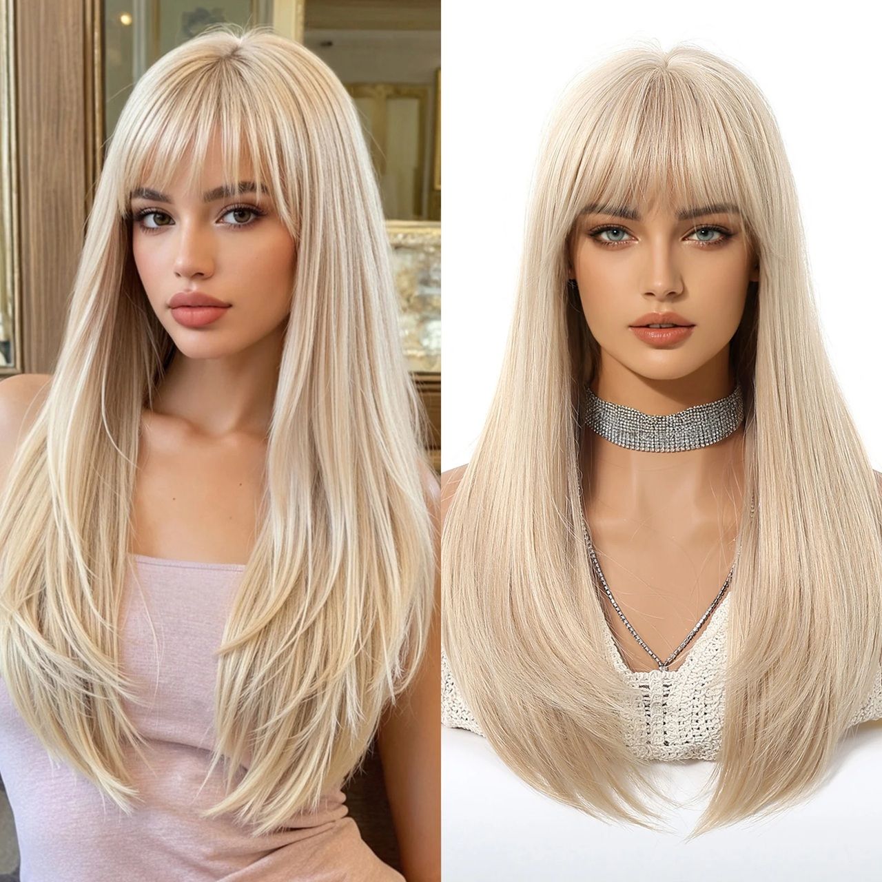 Peruca Blond Cenusiu, par lung drept, cu breton, 50 cm