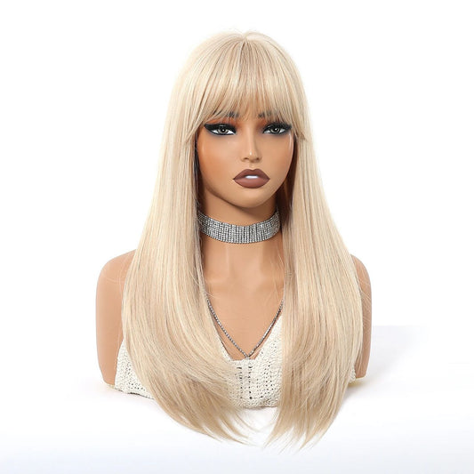 Peruca Blond Cenusiu, par lung drept, cu breton, 50 cm