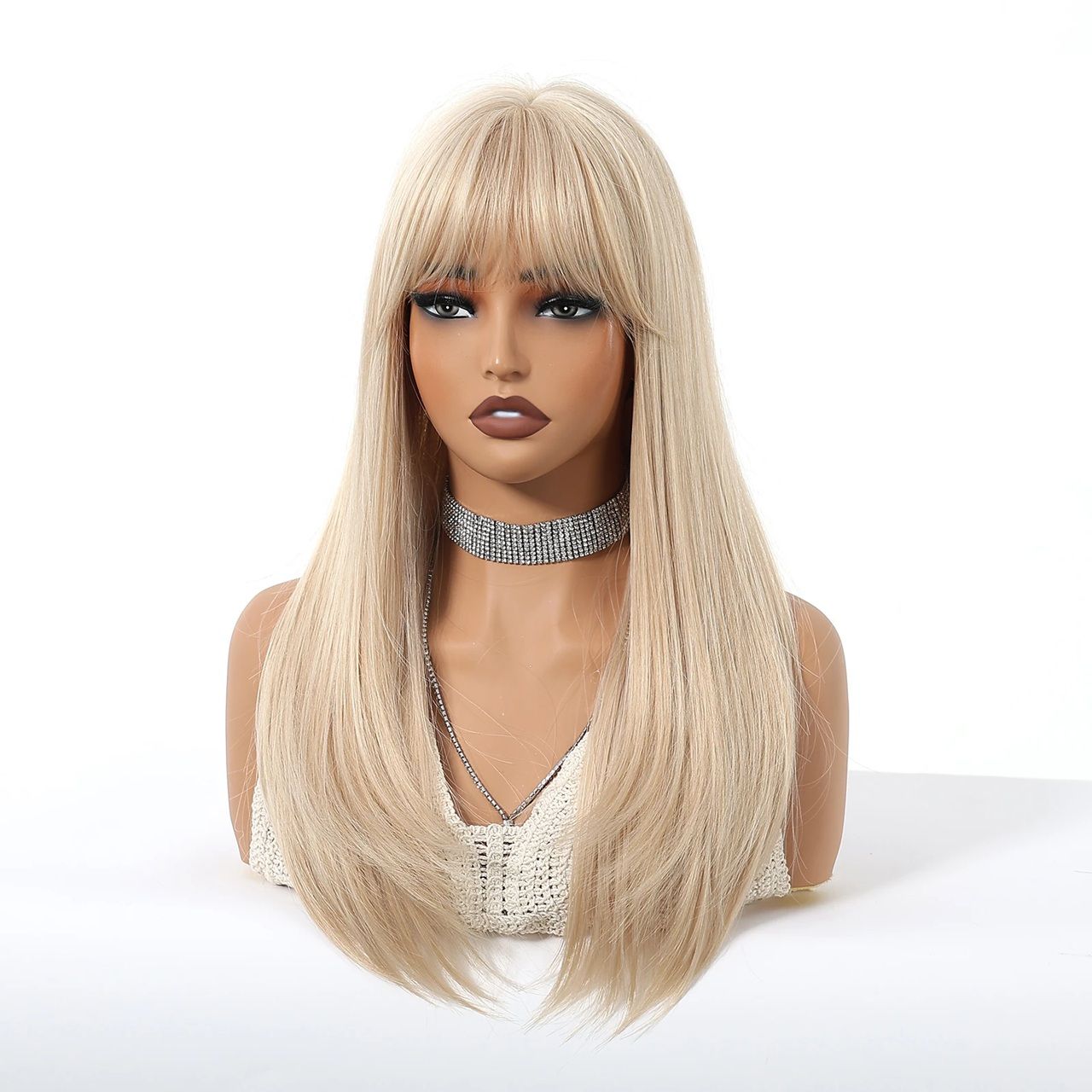 Peruca Blond Cenusiu, par lung drept, cu breton, 50 cm