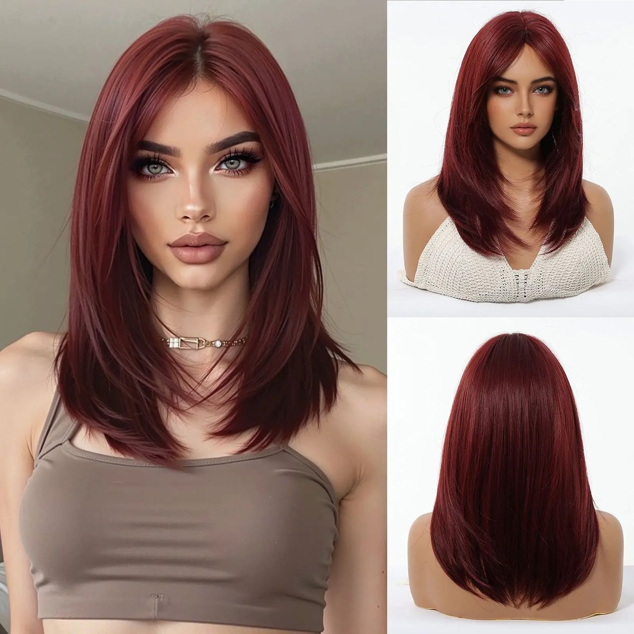 Peruca Visinie Burgundy, par mediu drept, cu breton, 40 cm